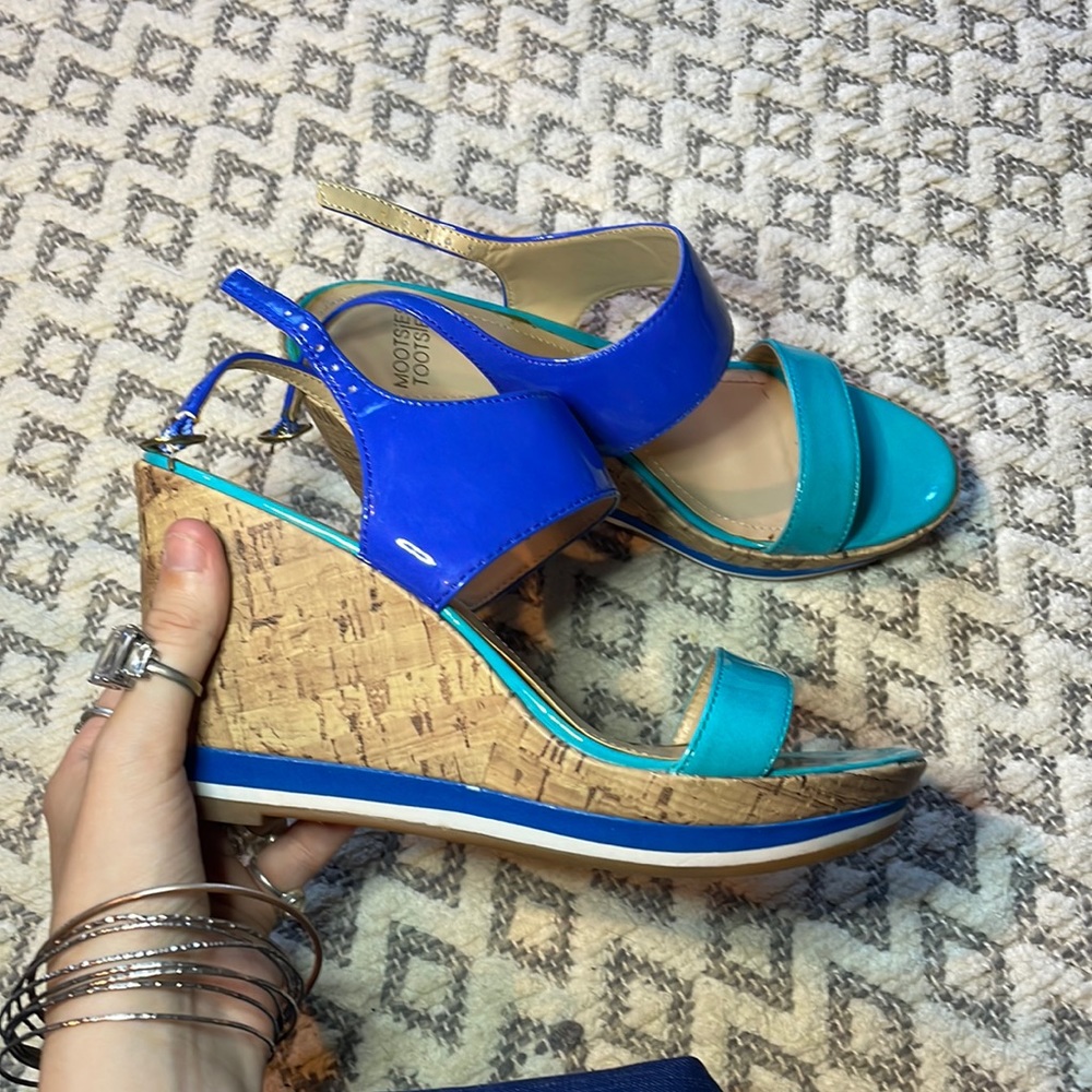 Blue Color Block Wedge Cork Heels